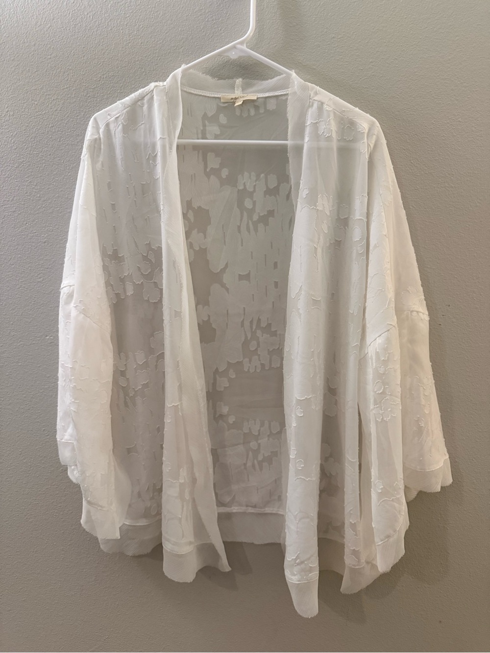 White Sheer Embossed Open-Front Kimono Cardigan